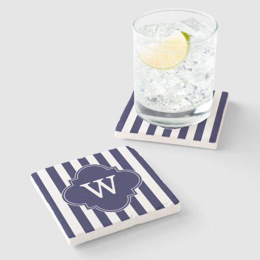 Navy Blue White Stripes, Navy Label Monogram Stenen Onderzetter (Zijkant)