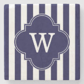 Navy Blue White Stripes, Navy Label Monogram Stenen Onderzetter (Voorkant)