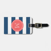 Navy Blue White Stripes Pattern, Coral Monogram Bagagelabel (Voorkant horizontaal)