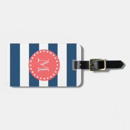 Navy Blue White Stripes Pattern, Coral Monogram Bagagelabel