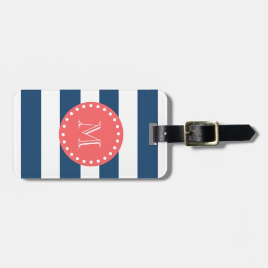 Navy Blue White Stripes Pattern, Coral Monogram Bagagelabel (Voorkant horizontaal)