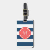 Navy Blue White Stripes Pattern, Coral Monogram Bagagelabel (Voorkant verticaal)