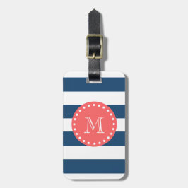 Navy Blue White Stripes Pattern, Coral Monogram Bagagelabel