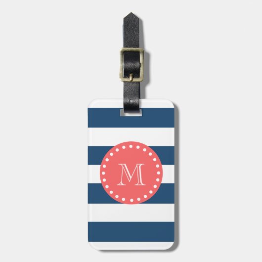 Navy Blue White Stripes Pattern, Coral Monogram Bagagelabel (Voorkant verticaal)