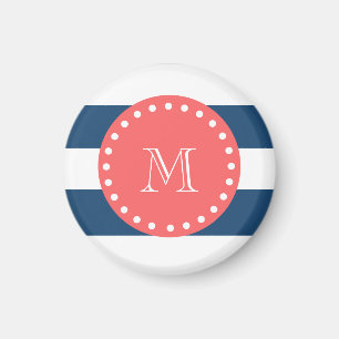 Navy Blue White Stripes Pattern, Coral Monogram Magneet
