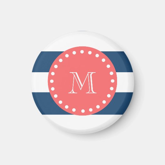 Navy Blue White Stripes Pattern, Coral Monogram Magneet (Voorkant)