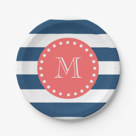 Navy Blue White Stripes Pattern, Coral Monogram Papieren Bordje
