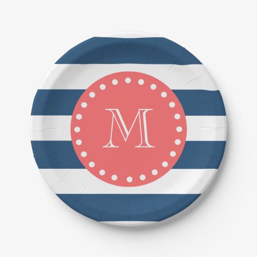 Navy Blue White Stripes Pattern, Coral Monogram Papieren Bordje (Voorkant)