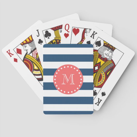Navy Blue White Stripes Pattern, Coral Monogram Pokerkaarten (Achterkant)
