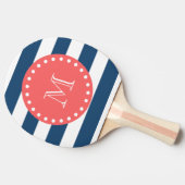 Navy Blue White Stripes Pattern, Coral Monogram Tafeltennisbatje (Zijkant)