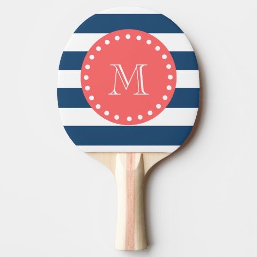 Navy Blue White Stripes Pattern, Coral Monogram Tafeltennisbatje (Voorkant)