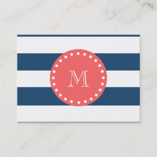 Navy Blue White Stripes Pattern, Coral Monogram Visitekaartje
