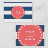 Navy Blue White Stripes Pattern, Coral Monogram Visitekaartje (Voorkant / Achterkant)