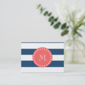 Navy Blue White Stripes Pattern, Coral Monogram Visitekaartje (Staand voorkant)