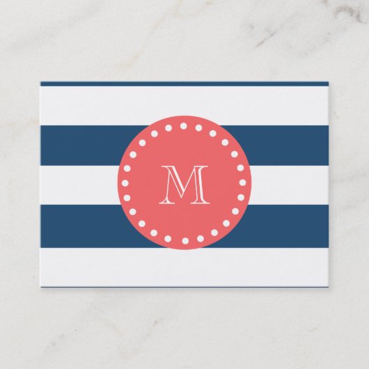 Navy Blue White Stripes Pattern, Coral Monogram Visitekaartje (Voorkant)