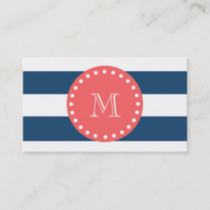 Navy Blue White Stripes Pattern, Coral Monogram Visitekaartje