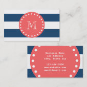 Navy Blue White Stripes Pattern, Coral Monogram Visitekaartje (Voorkant / Achterkant)