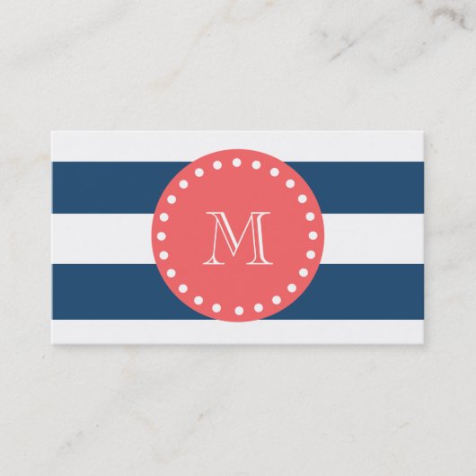 Navy Blue White Stripes Pattern, Coral Monogram Visitekaartje (Voorkant)