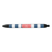 Navy Blue White Stripes Pattern, Coral Monogram Zwarte Inkt Pen (Voorkant)