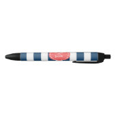 Navy Blue White Stripes Pattern, Coral Monogram Zwarte Inkt Pen (Bodem)