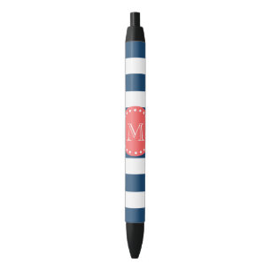 Navy Blue White Stripes Pattern, Coral Monogram Zwarte Inkt Pen