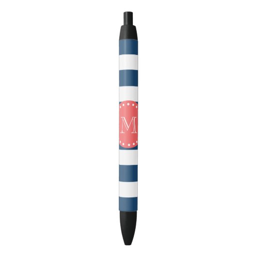 Navy Blue White Stripes Pattern, Coral Monogram Zwarte Inkt Pen (Voorkant Verticaal)