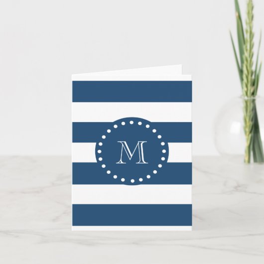 Navy Blue White Stripes Pattern, jouw monogram Notitiekaartje (Voorkant)