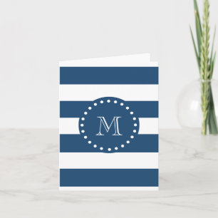 Navy Blue White Stripes Pattern, jouw monogram Notitiekaartje