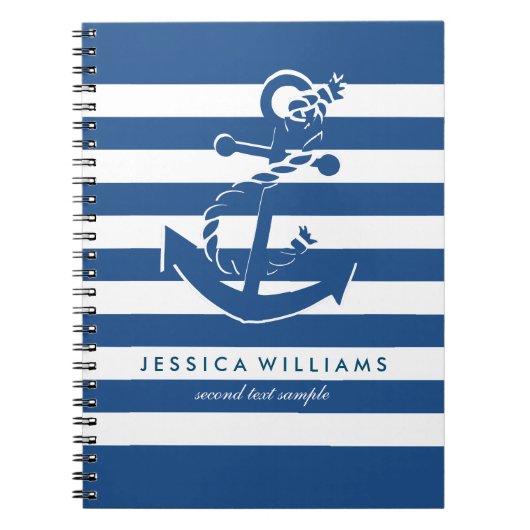 Navy Blue & White Stripes Pattern met Anchor Notitieboek (Voorkant)