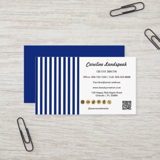 Navy Blue White Stripes QR Code, Social Media Icon Visitekaartje (Voorkant / Achterkant in situ)