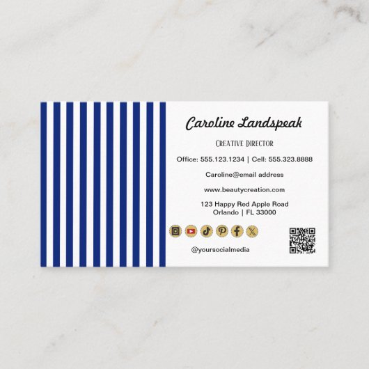 Navy Blue White Stripes QR Code, Social Media Icon Visitekaartje (Voorkant)
