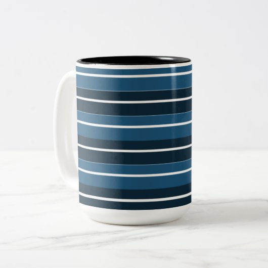Navy Blue White Stripes Tweekleurige Koffiemok (Voorkant links)