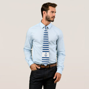 Navy Blue & white stripes with nautical anchor Stropdas