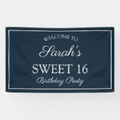 Navy Blue White Sweet 16 Birthday Party Spandoek (Horizontaal)