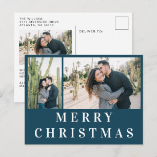 Navy Blue White Text Merry kerstfoto Collage Briefkaart