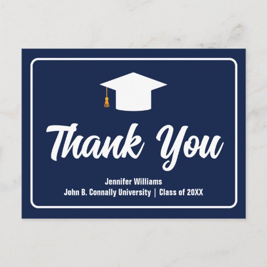 Navy Blue White Typography Afstuderen Dank u Briefkaart (Voorkant)