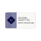 Navy Blue White Uneven Stripes Navy Monogram Label (Voorkant)