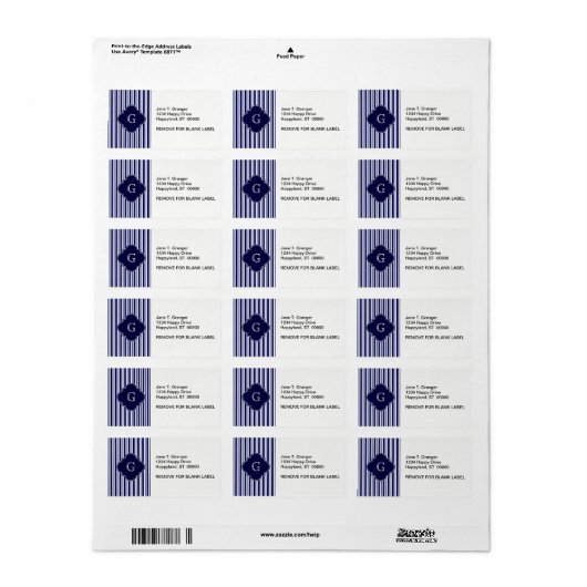 Navy Blue White Uneven Stripes Navy Monogram Label (Full Sheet)