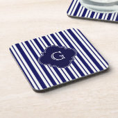 Navy Blue White Uneven Stripes Navy Monogram Label Drankjes Onderzetter (Linkerzijde)