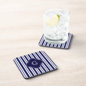 Navy Blue White Uneven Stripes Navy Monogram Label Drankjes Onderzetter (Rechterzijde)
