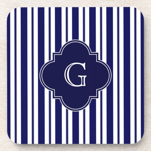 Navy Blue White Uneven Stripes Navy Monogram Label Drankjes Onderzetter (Voorkant)