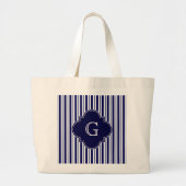 Navy Blue White Uneven Stripes Navy Monogram Label Grote Tote Bag (Voorkant)