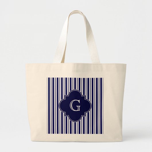Navy Blue White Uneven Stripes Navy Monogram Label Grote Tote Bag (Voorkant)