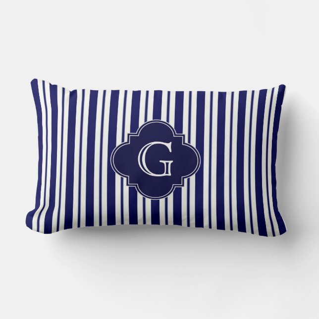 Navy Blue White Uneven Stripes Navy Monogram Label Kussen (Voorkant)