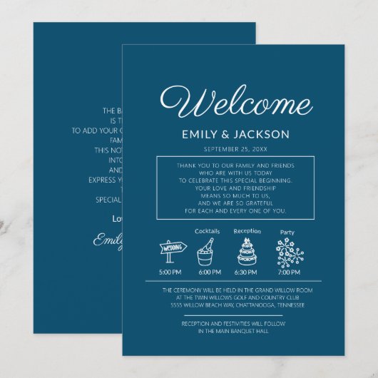 Navy Blue White Weduwroute Welkom Kaart (Voorkant / Achterkant)