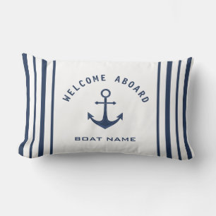 Navy Blue White Welkom op bord naam Anchor Kussen