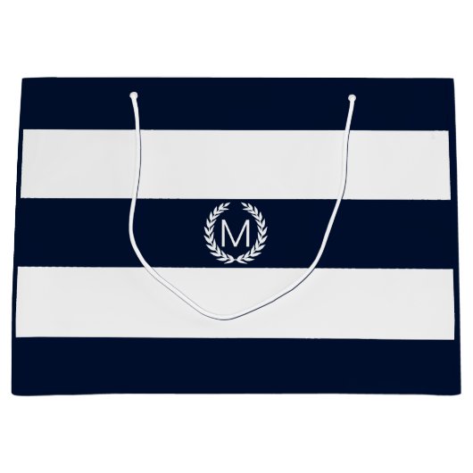 Navy Blue & White Wide Stripe met Monogram Groot Cadeauzakje (Voorkant)