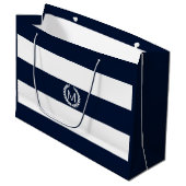 Navy Blue & White Wide Stripe met Monogram Groot Cadeauzakje (Voorkant Gekanteld)