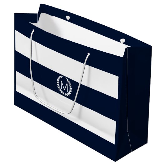 Navy Blue & White Wide Stripe met Monogram Groot Cadeauzakje (Voorkant Gekanteld)