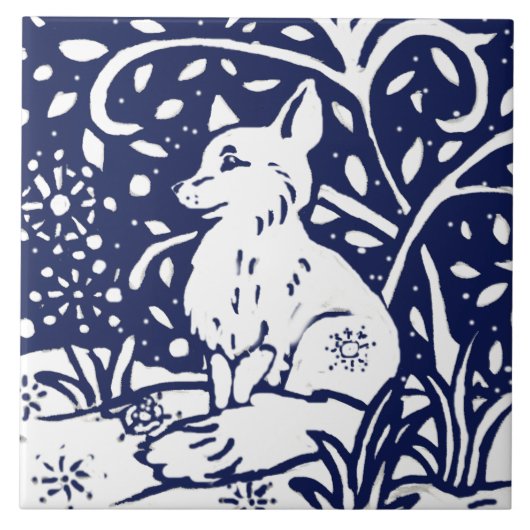 Navy Blue White Winter Fox Woodland Animal Trivet Tegeltje (Voorkant)